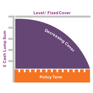 Graph displaying how Decreasing Term Assurance or Decreasing Term Life Insurance decreases over the policy term. It is designed to decrease in line with a repayment mortgage