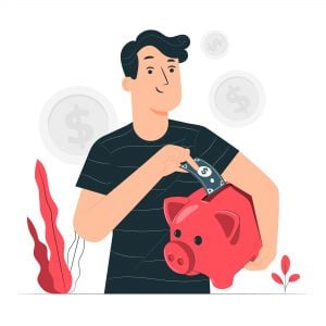 a man putting a dollar bill into a piggy bank as he saves money on his life insurance
