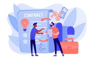 Illustration of money and a contract between 2 men