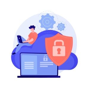 Illustration of a padlock on a shield with a man working on a laptop. The image illustrates the security of using an FCA regulated broker