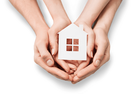 Large and small hands holding a house