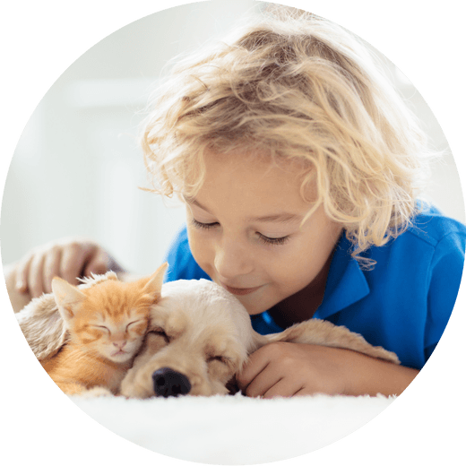 Child with dog and kitten
