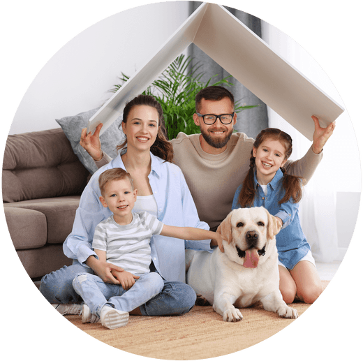 Family with dog, father holding roof over their heads